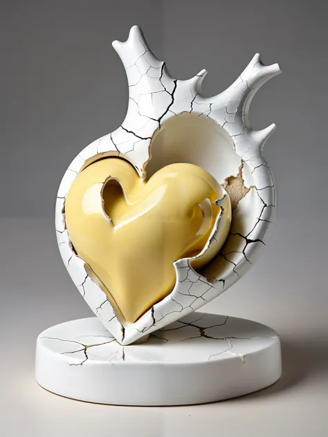 An ingenious work of art, the work of an outstanding master sculptor, (Incredible surreal porcelain sculpture), ((on an irregularly shaped white porcelain base)) ((light red porcelain heart)), ((porcelain heart is damaged)) and it has ((cracks and fracture...