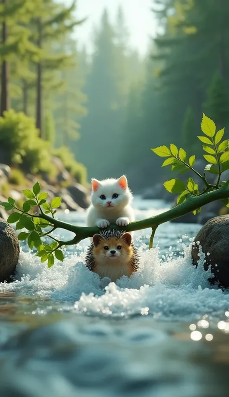 In cinematic 3D style, HD image, colourful image, realistic image,
Character, a small and realistic hedgehog faces a massive.
Character, white baby cat.
Action,There is a beautiful forest. A river is flowing very fast. A white baby cat is sitting on the to...