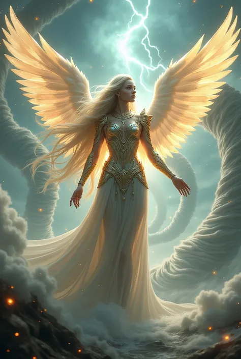 Elf with wings ,  very long hair, angelic armor, wind power and tornadoes 