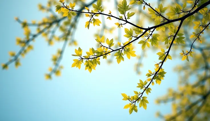 The image captures a serene view of tree branches filled with vibrant, small leaves against a clear sky. The leaves exhibit a variety of shades, ranging from a rich, dark green to a bright yellow, suggesting a transition in seasons or the effect of sunligh...