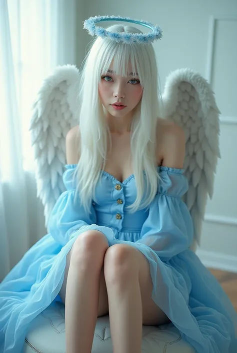 Nswf Japanese, (1 person, Alone:1.3),  super real ,  realistic ,  sexy Angel,  Overhead Needles , saint&#39; Wing Halo , Long white hair, Silver Eyes, big ,  squat, Full body portrait, Fully grown,  Blue Fluffy Dress ,  perfect face,  detailed face ,  deta...