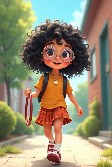 7. A schoolgirl going to class  ,a cartoon character tall medium weight with black curly hair and transparent round glasses holding a hoop and a necklace