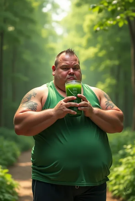 Overweight person exercising and drinking very dark green iced juice ,  in a natural environment  