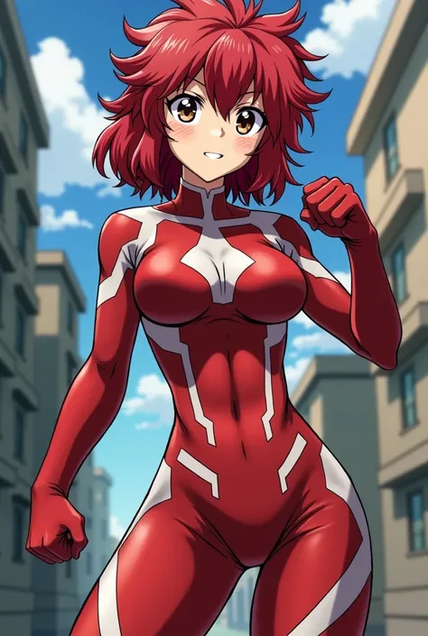   My Hero Academia style ,     anime girl  , woman, young woman ,    full body shot  ,(  Fighting Stance  :1.3),Long Hair, Red Hair,    Brown Eyes  ,  hero suit, Full Body Suit,   red suit with white details, perfect anatomy,  Reinforced ABS ,  super detai...