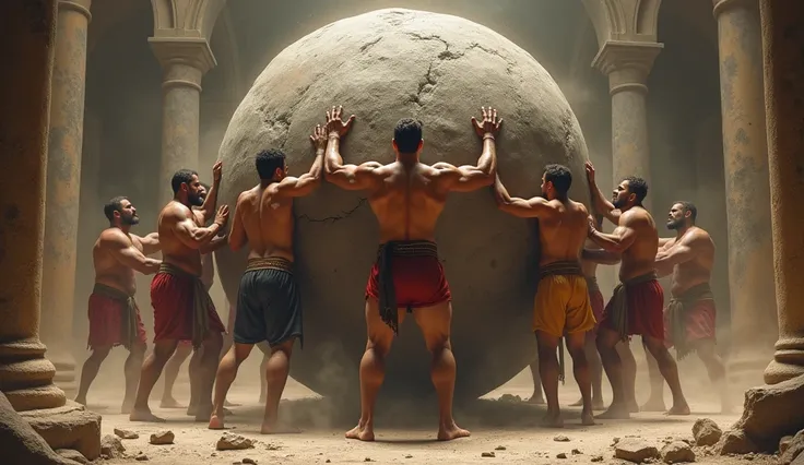 Vikram and a group of strong men lifting a huge stone in an ancient mansion, with dust and debris flying around. The scene shows teamwork and determination