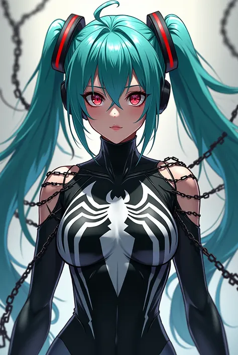  anime style　Hatsune Miku, who is parasitized by Venom and is full of strength 、 has a fearless smile 、Im wearing a Venom suit with Spider-Man style patterns all over my body、 are posing 、There is also venom on the shoulder area and part of the face