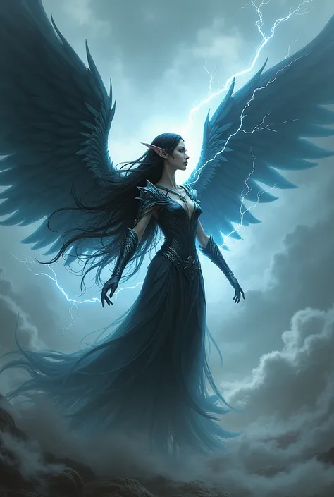 Elf with wings , very long hair black angelic armor wind power and tornadoes 