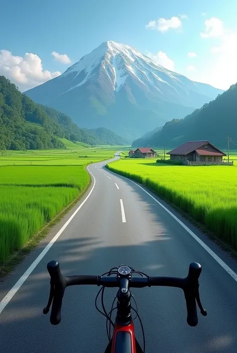 Realistic photo, asphalt road cutting through rice fields. background of two large mountains. there are several houses. point of view from behind the handlebars of a road bike.