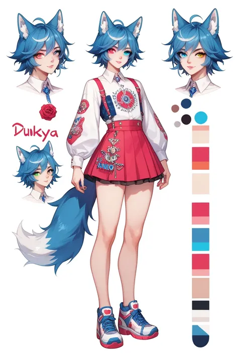 full body, femboy, fully clothed,, heterochromia, An illustration, (masterpiece、最high quality、high quality)、pure white background, Character design, Character sheet, pale skin, funky, pop, fashion, preppy, wolf, wolf ears, wolf tail