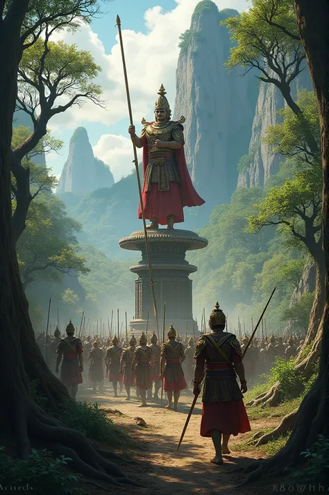 An ancient Thai king of Sukhothai, the father of Khun Pha Muang, was carrying a long spear weapon, riding on the back of a pair of Thai swords. The ancient Thai army attacked the enemy in the forest, with high mountains alternating between them.