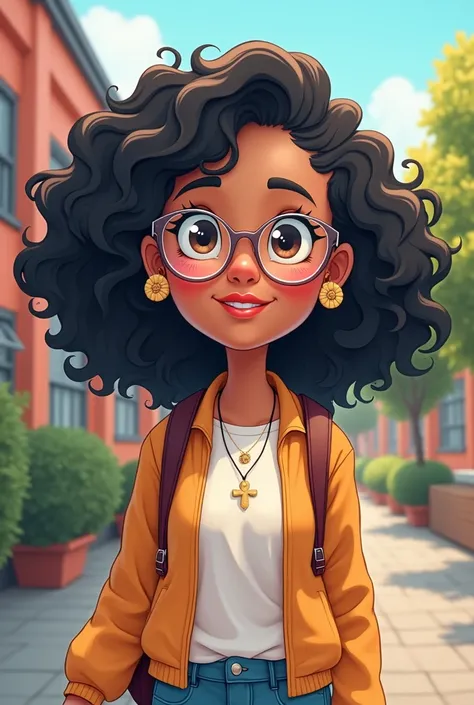 7. A schoolgirl going to class  ,a cartoon character tall medium weight with black curly hair and transparent round glasses with ring earrings and necklace