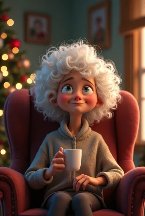   white curly hair thinking about Christmas presents