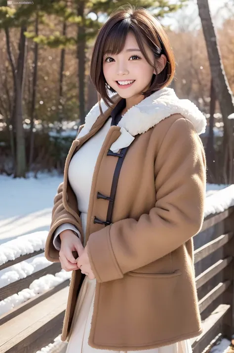 (8k, RAW photo, photorealistic, HQ, masterpiece), a cute Japanese girl,(glowing eyes), 
(laugh ), brown hair, fluffy Pixie Bob hair, large breasts, curvy, (Duffle coat, long skirt), 
standing pose, Seductive pose, (winter nature park), 
blurred background,...