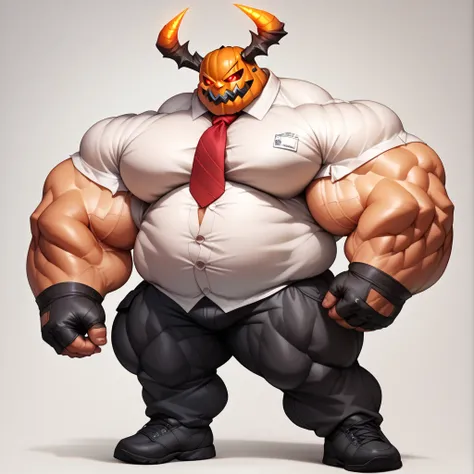 a man with a big giant musclegut tall wide body and big fat belly using white shirt, red tie, black pants, black gloves and pumpkin helmet which cover all of his head. Full body, standing still, solo, 1 person, very big body, very tall body, very wide body...