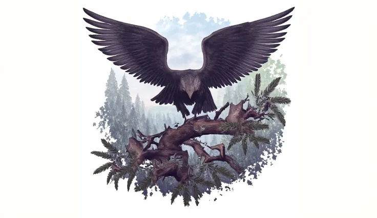 HD image of the logo "RAVENA" With a theme of a crow perched on a tree branch and the background is a beautiful forest with nice clouds. 