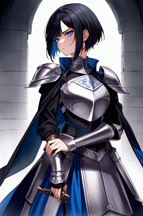 A girl with short black hair and blue eyes in armor and a full-length sword