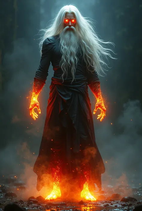 Man with fiery eyes with long white hair, feet with lights and bright face 