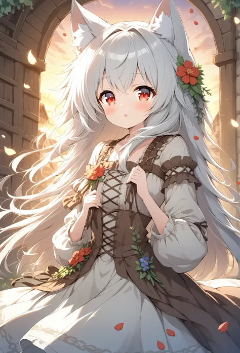 Rakifox,White Hair、 red eyes、middle ages、Town Girl Outfit 、middle ages rural background、Rural Daughter 、Floral decoration、Light effects,sunset、Petals fluttering、beautiful