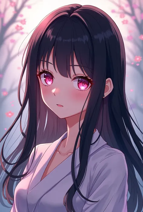 An eighteen year old girl who has long black hair and pink eyes 
Anime style