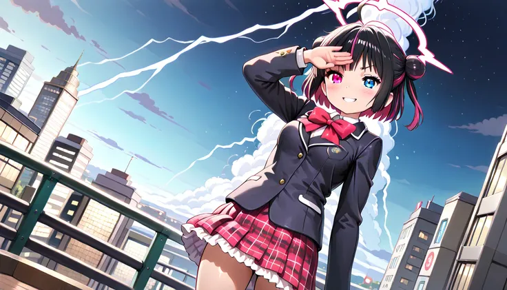 ((top quality)),((masterpiece)),((perfect face)),(ultra-detailed),ultra high res, 8k, 1girl, solo, streaked hair, glowing eyes, heterochromia, posing, standing, lightning storm, hand covering eyes, smug smile, dynamic angle, school uniform, night city, chu...