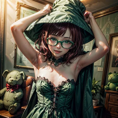 Short,  red hair ,  green eyes ,  metal-framed glasses ,  green witch hat ,  green cloak ,  green strapless dress, smiling girl hugs a soft toy.