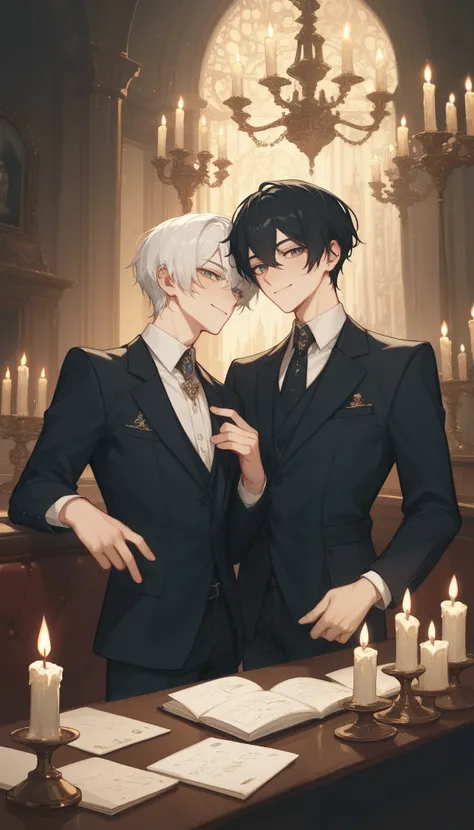 ((Two intimate guys :1.5)),  perfect face,   beautiful face,  very detailed face，( man with short black hair :1.3)，(Man with short white hair :1.3)，Luxury Suits、smile、Gothic castle interior 、 chandelier、candle