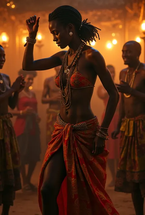 An impoverished African woman dancing seductively at a local African village bar