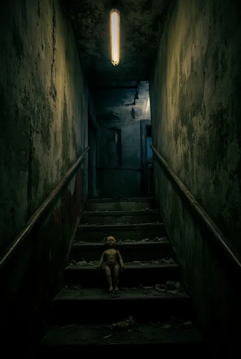 A hauntingly beautiful image of an ancient, abandoned asian house with dim light, Narrow staircase. The stairs lead to darkness, with only a single broken warm fluorescent light bulb, Luz outfit. At the base of the stairs is a broken, dirty doll, apparentl...