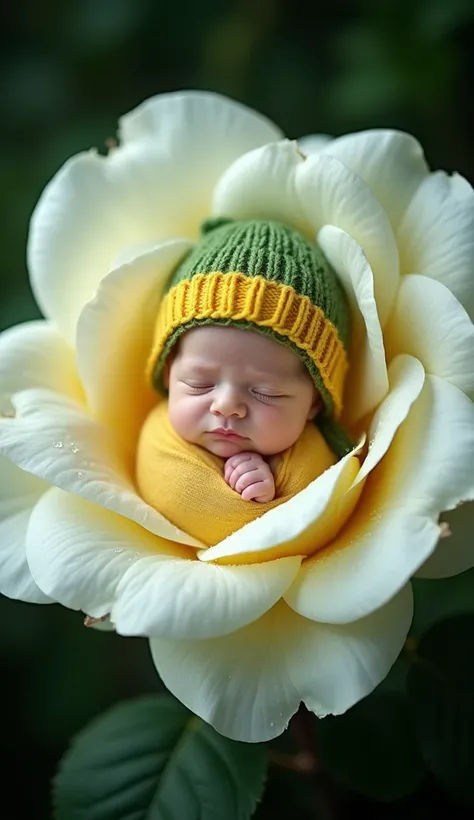   Newborn baby sleeping inside a giant white rose petal,  enchanting portrait,  with a yellow and Green knitted hat,    closed eyes ,  Serene expression;   soft and delicate skin ;   wearing yellow and Green clothes ,  soft texture,  Cuteness;   White rose...