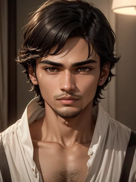 A hyper-realistic and highly detailed portrait of a 20-year-old Bangladeshi young man with a smooth, flawless complexion and medium-dark skin tone. He has sharp, symmetrical facial features that convey mystery, intelligence, and sophistication. His almond-...