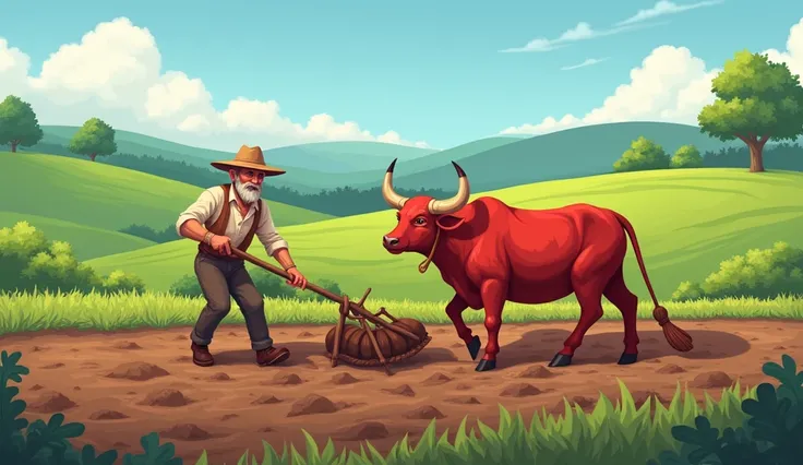 Red Ox is farming with a farmer using traditional tool 