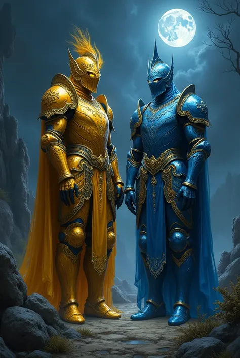 A dark night with golden and blue armour 