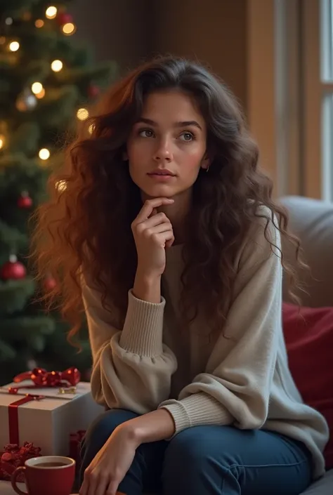  ,  long curly brown hair thinking about Christmas presents