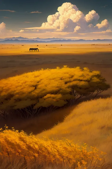 A savanna in the middle of summer, with a low dark cloud covering a part of the land