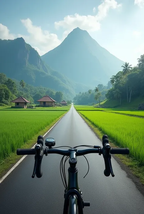 Realistic photo, asphalt road that cuts through rice fields. background of two large snowless mountains in Indonesia. there are several houses. point of view from behind the handlebars of a road bike.