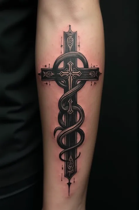 A tattoo of the Christian cross with the zodiac symbol of the goat