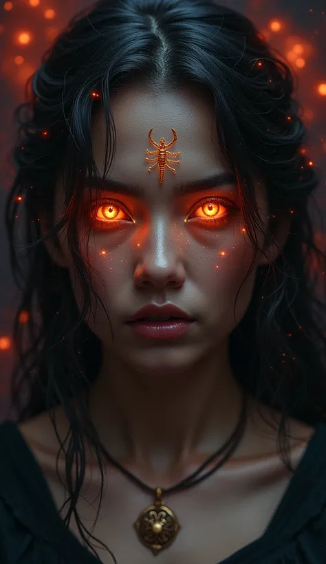 A mystical woman embodying the Scorpio zodiac sign, her eyes glowing with vibrant energy. Scorpion symbols appear etched lightly on her face, surrounded by a dark, cosmic background with constellations and deep red and black hues. A faint glow of light ill...