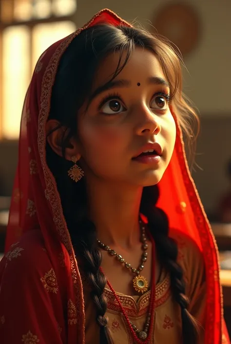 A close-up of Radha, a 15-year-old girl with a dusky complexion and a simple braided hairstyle. She wears a traditional Rajasthani lehenga-choli in earthy tones with a red dupatta loosely draped over her head. Her wide, expressive eyes are filled with a mi...