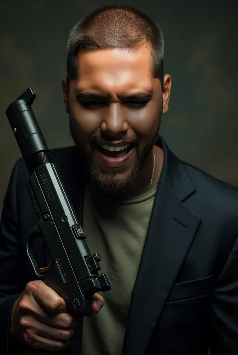 "A full-body shot of a man with an aggressive expression, holding a Kel-Tec RFB gun in his hand. His eyes appear intense and filled with rage. He is wearing a suit and a T-shirt. The image should evoke an intense, fierce atmosphere."