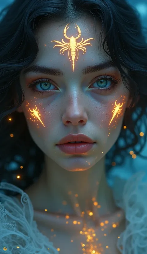 Close-up of a beautiful woman with an ethereal, Scorpio-inspired look. Her face is adorned with glowing marks of the Scorpio symbol, and her surroundings include starry skies, subtle water ripples, and a magical aura with scorpion motifs shimmering around ...