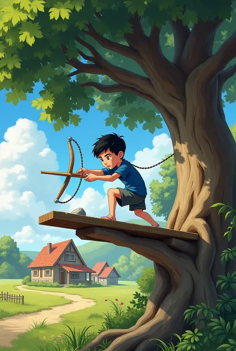  Draw a white boy ,  about  ,  with short black hair ,  thick eyebrows and a blue shirt .  He is on wooden planks in a large and leafy tree,  with strong branches .  The boy throws stones with a slingshot in his hand . In the background,  you can see sever...