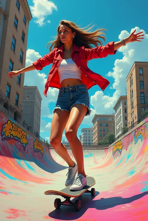 beautifil woman on a skateboard at a vibrant city skate park. The artwork is full of life and motion, blending urban graffiti art and bold, expressive color palettes. The scene captures the essence of youth culture and , with a background of colorful mural...