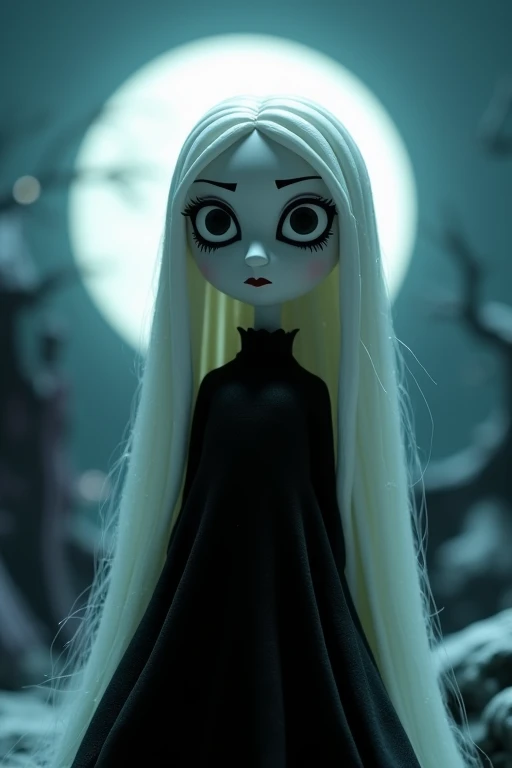 Tim Burton movie, cinematic composition, stop motion, clay animation, a vampire queen with long white hair, looking at viewer, white eyes, gothic black long-dress, moonlight, vivid colors, gloss skin, ultra sharp, ultra HD. 