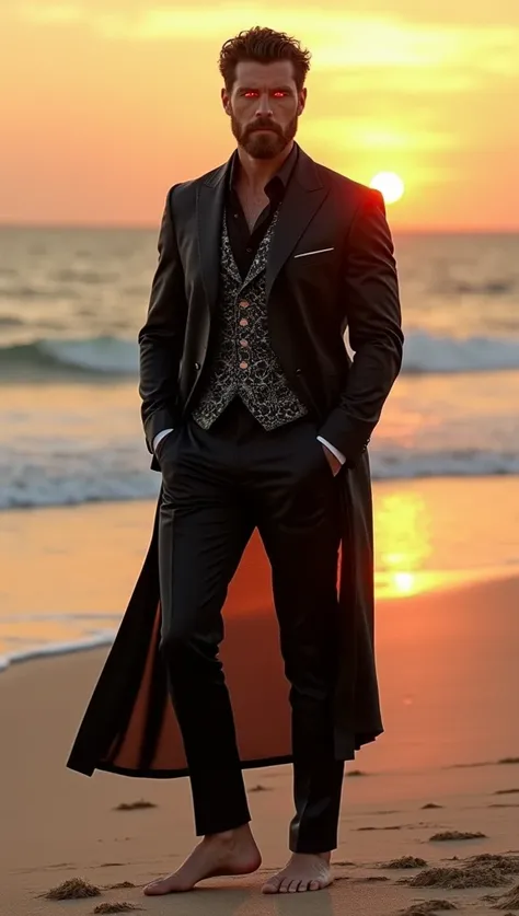 (Tom Ellis+Tom Welling) Lucifer with glowing red eyes, light beard, wearing shiny satin elegant black suit, black silk shirt, intricate ornate. Walking in a beach, sunset. full body, barefoot