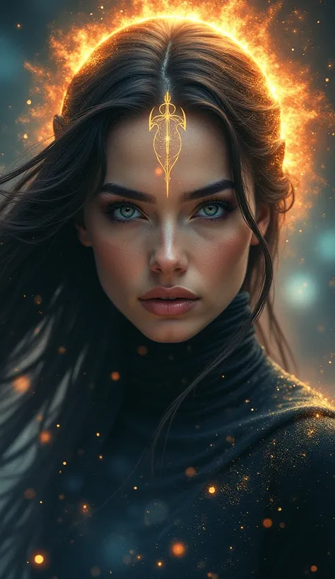 A magical, mystical woman with the essence of Scorpio. Her piercing gaze is complemented by a glowing Scorpio symbol on her forehead, and her celestial background features constellations and elements of transformation, such as fire and water blending in ha...