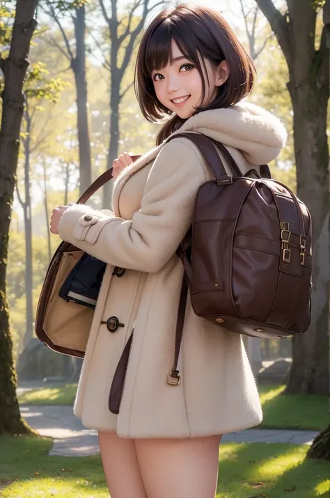 (8k, RAW photo, photorealistic, HQ, masterpiece), a cute Japanese girl,(glowing eyes), 
(laugh ), brown hair, fluffy Pixie Bob hair, large breasts, curvy, (Duffle coat, long skirt), 
standing pose, Seductive pose, (winter nature park), 
blurred background,...