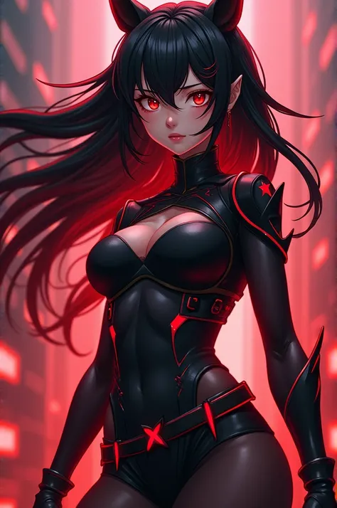 Anime girl with black and red hair and red eyes and with black and red hero costume