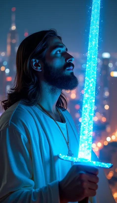 Close-up on Jesus Christ moving a sword made of particles of blue lights, he is in a beautiful illuminated night city