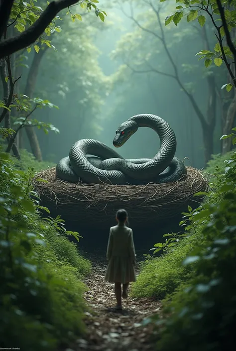 Create an image of a person watching from afar a nest with several snakes where one is biting the other