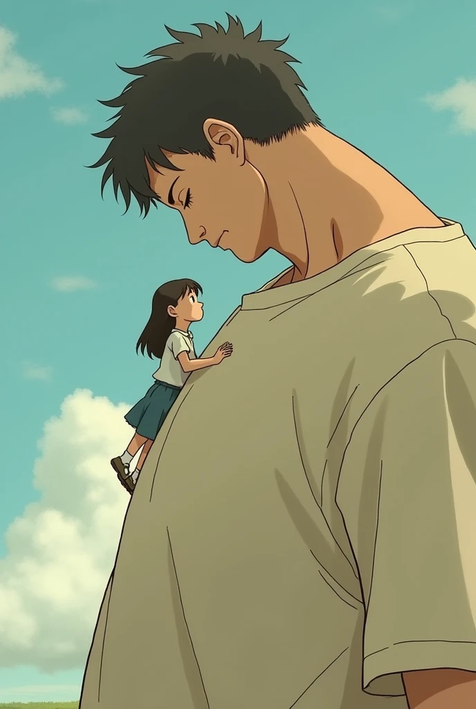 There are a finger sized tiny person and a giant person. The tiny person is on the big persons shoulder. The tiny person is hugging the big persons neck. Ghibli style.